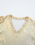 Metallic Frilled V Neck Puff Sleeve Babydoll Blouse