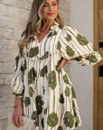 Angie Floral Striped Piping Puff Sleeve Dress