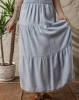 Denim Smocked Tiered Maxi Skirt