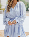 Irene Pleated Ruffled Tie Waist Buttons V Neck Romper