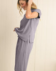Solid Corded Short Sleeve T Shirt And Wide Leg Pants Set
