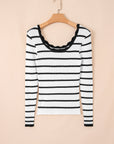 Stripe Scalloped Scoop Neck Ribbed Knit Sweater