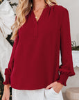 Solid Notched Neck Shirred Cuff Long Sleeve Blouse