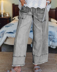 Denim Raw Hem Drawstring Wide Leg Pants