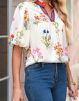 Floral Contrast Puff Sleeve Blouse