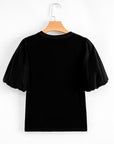 Ribbed Patchwork Puff Sleeve Top