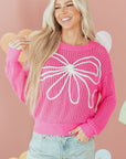 Valentine Bow Hollowed Knit Drop Shoulder Sweater