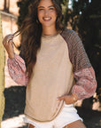 Elena Raglan Sleeve Ribbed Knit Patchwork Blouse
