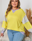 Yellow Striped Color Block Patchwork Crewneck Plus Size Pullover Sweatshirt