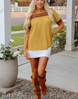 Jazlyn Geometric Short Puff Sleeve Frilled Blouse