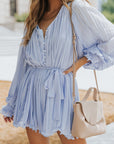 Irene Pleated Ruffled Tie Waist Buttons V Neck Romper