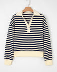Stripe Collared V-Neck Long Sleeve Top