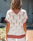 Isla Embroidered Flowers Colorblock Edge Hollowed Sweater