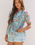 Amaris Notched Neck Puff Short Sleeve Floral Blouse