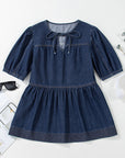 Gracelyn Puff Sleeve Lace-up Neckline Denim Blouse