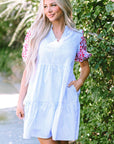 Kori Stripe Contrast Floral Puff Sleeve Tiered Ruffle Dress