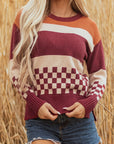 Checker Colorblock Knitted Drop Shoulder Sweater