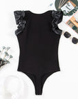 Solid Ribbed Leatherette Ruffle Sleeve Bodysuit