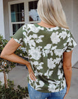 Floral Split Neck Short Sleeve Blouse