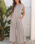 Paisley Checkered Buttoned Crew Neck Wide Leg Jumpsuit