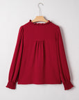 Solid Notched Neck Shirred Cuff Long Sleeve Blouse