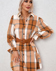 Plaid Collared Neck Ruffle Sleeve Shirt Dress