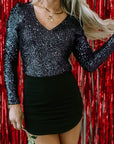 Gia Sequin V Neck Zipped Long Sleeve Bodysuit