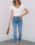 Andi Eyelet Ruffle Sleeve Slim Fitted Top