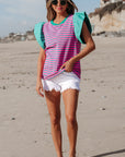 Adrianna Stripe Ruffled Sleeve Crew Neck Blouse