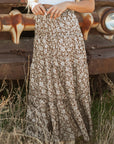 Cadence Western Floral Print Ruffled Hem Maxi Skirt