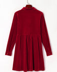 Velvet Button-Up Long Sleeve Ruffle Dress