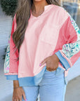 Floral Colorblock Patchwork Chest Pocket Long Sleeve Top