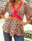 Cheetah Colorblock V-Neck Balloon Sleeve Babydoll Blouse
