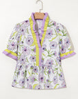 Floral Stripe Short Sleeve Peplum Blouse