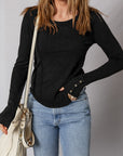 Solid Ribbed Knit Buttoned Long Sleeve Top