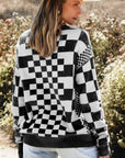 Checker Round Neck Drop Shoulder Sweater