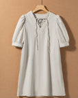Carly Lace-up V Neck Bubble Sleeve Short Shift Dress