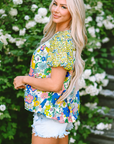 Samira Bubble Sleeve Lace Trim Floral Blouse