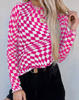 Checker Mesh Mock Neck Long Sleeve Top