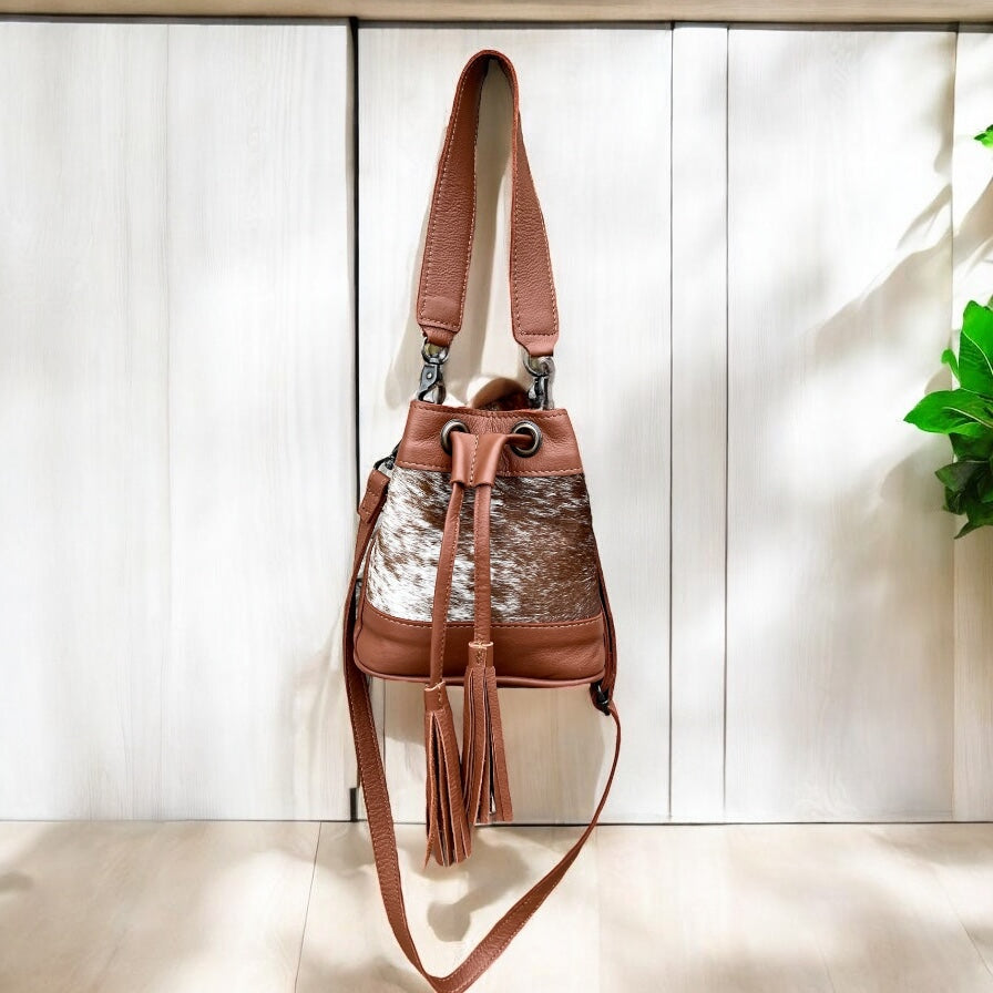 Tan cowhide & leather drawstring Crossbody kids-bag