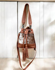 Tan cowhide & leather drawstring Crossbody kids-bag