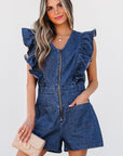 Amora Denim Ruffled Zipped Front Belted Romper