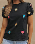 Oaklyn Embroidered Flower Short Puff Sleeve Tee