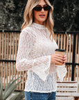 Sheer Lace Bell Sleeve Mock Neck Blouse