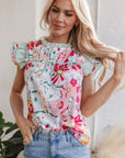 Anne Floral Ruffle Trim Short Sleeve Blouse