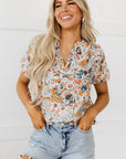 Milena Split V Neck Puff Sleeve Flower Print Blouse