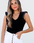 Aniyah Ruffle Patchwork Ribbed V Neck Bodysuit