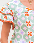 Belen Floral Layered Flutter Sleeve Rac Trim Blouse