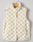 Checker Sherpa Snap Button Vest Jacket With Pockets