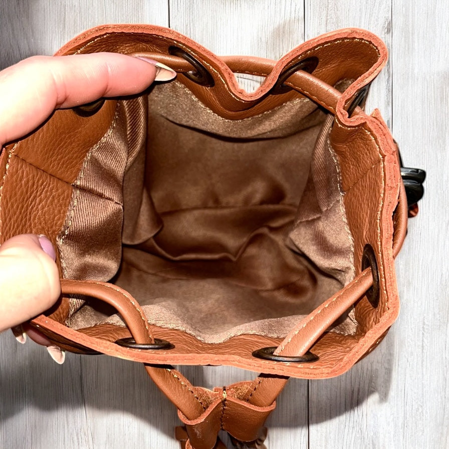 Tan cowhide & leather drawstring Crossbody kids-bag